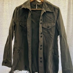 Free People MOONCHILD Distressed Denim Shirt Jacket Army Green Small